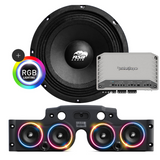 Front view of an ASB Audio speaker (top) and front view of the black JK/JKU American Soundbar with 4 mid-bass speakers installed (bottom), paired with a Rockford Fosgate M2-750X5 Marine 5-Channel Amplifier, displayed on a white background, part of the ASB Audio Bundle With RGB Lights