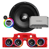 Front view of an ASB Audio speaker (top) and front view of the red JK/JKU American Soundbar with 4 mid-bass speakers installed (bottom), paired with a Rockford Fosgate M2-750X5 Marine 5-Channel Amplifier, displayed on a white background, part of the ASB Audio Bundle With RGB Lights
