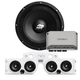 Front view of an ASB Audio speaker (top) and front view of the black JK/JKU American Soundbar with 4 mid-bass speakers installed (bottom), paired with a Rockford Fosgate M2-750X5 Marine 5-Channel Amplifier, displayed on a white background, part of the ASB Audio Bundle