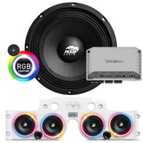 Front view of an ASB Audio speaker (top) and front view of the white JK/JKU American Soundbar with 4 mid-bass speakers installed (bottom), paired with a Rockford Fosgate M2-750X5 Marine 5-Channel Amplifier, displayed on a white background, part of the ASB Audio Bundle With RGB Lights
