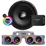 Front view of an ASB Audio speaker (top) and front view of the grey JK/JKU American Soundbar with 4 mid-bass speakers installed (bottom), paired with a Rockford Fosgate P400X4 4-Channel Amplifier, displayed on a white background, part of the ASB Audio Bundle With RGB Ring Lights
