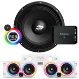 Front view of an ASB Audio speaker (top) and front view of the white JK/JKU American Soundbar with 4 mid-bass speakers installed (bottom), paired with a Rockford Fosgate P400X4 4-Channel Amplifier, displayed on a white background, part of the ASB Audio Bundle With RGB Ring Lights
