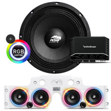 Front view of an ASB Audio speaker (top) and front view of the grey JK/JKU American Soundbar with 4 mid-bass speakers installed (bottom), paired with a Rockford Fosgate R2-750X5 5-Channel Amplifier, displayed on a white background, part of the ASB Audio Bundle With RGB Ring Lights