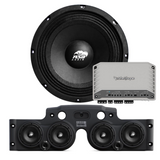 Front view of an ASB Audio speaker (top) and front view of the black JK/JKU American Soundbar with 4 mid-bass speakers installed (bottom), paired with a Rockford Fosgate M2-750X5 Marine 5-Channel Amplifier, displayed on a white background, part of the ASB Audio Bundle