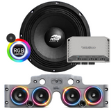 Front view of an ASB Audio speaker (top) and front view of the grey JK/JKU American Soundbar with 4 mid-bass speakers installed (bottom), paired with a Rockford Fosgate M2-750X5 Marine 5-Channel Amplifier, displayed on a white background, part of the ASB Audio Bundle With RGB Lights