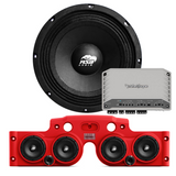 Front view of an ASB Audio speaker (top) and front view of the red JK/JKU American Soundbar with 4 mid-bass speakers installed (bottom), paired with a Rockford Fosgate M2-750X5 Marine 5-Channel Amplifier, displayed on a white background, part of the ASB Audio Bundle