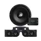 Front view of an ASB Audio speaker (top) and front view of the black JK/JKU American Soundbar with 4 mid-bass speakers installed (bottom), paired with a Rockford Fosgate P400X4 4-Channel Amplifier, displayed on a white background, part of the ASB Audio Bundle