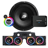 Front view of an ASB Audio speaker (top) and front view of the black JK/JKU American Soundbar with 4 mid-bass speakers installed (bottom), paired with a Rockford Fosgate P400X4 4-Channel Amplifier, displayed on a white background, part of the ASB Audio Bundle With RGB Ring Lights