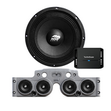 Front view of an ASB Audio speaker (top) and front view of the grey JK/JKU American Soundbar with 4 mid-bass speakers installed (bottom), paired with a Rockford Fosgate P400X4 4-Channel Amplifier, displayed on a white background, part of the ASB Audio Bundle