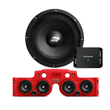 Front view of an ASB Audio speaker (top) and front view of the red JK/JKU American Soundbar with 4 mid-bass speakers installed (bottom), paired with a Rockford Fosgate P400X4 4-Channel Amplifier, displayed on a white background, part of the ASB Audio Bundle