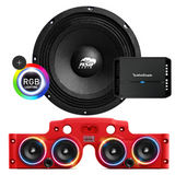Front view of an ASB Audio speaker (top) and front view of the red JK/JKU American Soundbar with 4 mid-bass speakers installed (bottom), paired with a Rockford Fosgate P400X4 4-Channel Amplifier, displayed on a white background, part of the ASB Audio Bundle With RGB Ring Lights