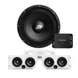 Front view of an ASB Audio speaker (top) and front view of the black JK/JKU American Soundbar with 4 mid-bass speakers installed (bottom), paired with a Rockford Fosgate P400X4 4-Channel Amplifier, displayed on a white background, part of the ASB Audio Bundle