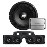 Front view of an ASB Audio speaker (top) and front view of the black JK/JKU American Soundbar with 4 mid-bass speakers installed (bottom), paired with a Rockford Fosgate PM-400X4 Marine 4-Channel Amplifier, displayed on a white background, part of the ASB Audio Bundle