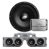 Front view of an ASB Audio speaker (top) and front view of the grey JK/JKU American Soundbar with 4 mid-bass speakers installed (bottom), paired with a Rockford Fosgate PM-400X4 Marine 4-Channel Amplifier, displayed on a white background, part of the ASB Audio Bundle