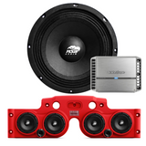 Front view of an ASB Audio speaker (top) and front view of the red JK/JKU American Soundbar with 4 mid-bass speakers installed (bottom), paired with a Rockford Fosgate PM-400X4 Marine 4-Channel Amplifier, displayed on a white background, part of the ASB Audio Bundle