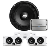 Front view of an ASB Audio speaker (top) and front view of the white JK/JKU American Soundbar with 4 mid-bass speakers installed (bottom), paired with a Rockford Fosgate PM-400X4 Marine 4-Channel Amplifier, displayed on a white background, part of the ASB Audio Bundle