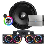 Front view of an ASB Audio speaker (top) and front view of the black JK/JKU American Soundbar with 4 mid-bass speakers installed (bottom), paired with a Rockford Fosgate PM400X4 4-Channel Amplifier, displayed on a white background, part of the ASB Audio Bundle With RGB Ring Lights2