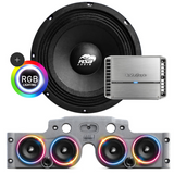Front view of an ASB Audio speaker (top) and front view of the grey JK/JKU American Soundbar with 4 mid-bass speakers installed (bottom), paired with a Rockford Fosgate PM400X4 4-Channel Amplifier, displayed on a white background, part of the ASB Audio Bundle With RGB Ring Lights