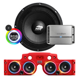 Front view of an ASB Audio speaker (top) and front view of the red JK/JKU American Soundbar with 4 mid-bass speakers installed (bottom), paired with a Rockford Fosgate PM400X4 4-Channel Amplifier, displayed on a white background, part of the ASB Audio Bundle With RGB Ring Lights