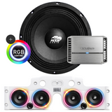 Front view of an ASB Audio speaker (top) and front view of the white JK/JKU American Soundbar with 4 mid-bass speakers installed (bottom), paired with a Rockford Fosgate PM400X4 4-Channel Amplifier, displayed on a white background, part of the ASB Audio Bundle With RGB Ring Lights2