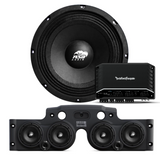 Front view of an ASB Audio speaker (top) and front view of the black JK/JKU American Soundbar with 4 mid-bass speakers installed (bottom), paired with a Rockford Fosgate R2-750X5 5-Channel Amplifier, displayed on a white background, part of the ASB Audio Bundle