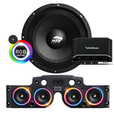 Front view of an ASB Audio speaker (top) and front view of the black JK/JKU American Soundbar with 4 mid-bass speakers installed (bottom), paired with a Rockford Fosgate R2-750X5 5-Channel Amplifier, displayed on a white background, part of the ASB Audio Bundle With RGB Ring Lights