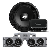 Front view of an ASB Audio speaker (top) and front view of the grey JK/JKU American Soundbar with 4 mid-bass speakers installed (bottom), paired with a Rockford Fosgate R2-750X5 5-Channel Amplifier, displayed on a white background, part of the ASB Audio Bundle