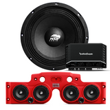 Front view of an ASB Audio speaker (top) and front view of the red JK/JKU American Soundbar with 4 mid-bass speakers installed (bottom), paired with a Rockford Fosgate R2-750X5 5-Channel Amplifier, displayed on a white background, part of the ASB Audio Bundle