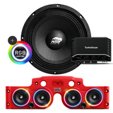Front view of an ASB Audio speaker (top) and front view of the red JK/JKU American Soundbar with 4 mid-bass speakers installed (bottom), paired with a Rockford Fosgate R2-750X5 5-Channel Amplifier, displayed on a white background, part of the ASB Audio Bundle With RGB Ring Lights