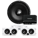 Front view of an ASB Audio speaker (top) and front view of the white JK/JKU American Soundbar with 4 mid-bass speakers installed (bottom), paired with a Rockford Fosgate R2-750X5 5-Channel Amplifier, displayed on a white background, part of the ASB Audio Bundle