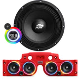 Front view of an ASB Audio speaker (top) and front view of the red JK/JKU American Soundbar with 4 mid-bass speakers installed (bottom), displayed on a white background, part of the ASB Audio Bundle. With RGB Ring Lights