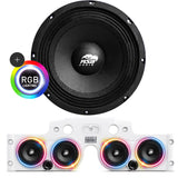 Front view of an ASB Audio speaker (top) and front view of the white JK/JKU American Soundbar with 4 mid-bass speakers installed (bottom), displayed on a white background, part of the ASB Audio Bundle. With RGB Ring Lights