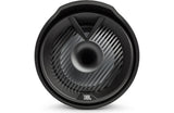 Close-up front view of a single JBL MT8HLB 8-inch marine tower speaker with RGB LED lights, featuring a polypropylene woofer and titanium compression tweeter on a white background