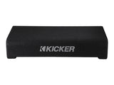 Down-Firing CompRT Kicker subwoofer enclosure displayed on a white background, featuring a thin-profile design for 10-inch or 12-inch subwoofer options