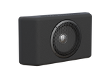 Front side view of the JK/JKU & JL/JLU subwoofer tailgate enclosure with a 12-inch speaker and protective mesh installed, displayed on a plain background