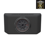 Front view of the JK/JKU & JL/JLU subwoofer tailgate enclosure with a Kicker speaker installed, featuring an 'Authorized Online Dealer 2023 and 50 Years Kicker' stamp on a plain white background