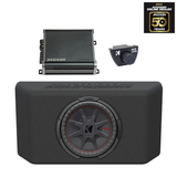 Front view of the JK/JKU & JL/JLU subwoofer tailgate enclosure with Kicker speakers installed, a Kicker Amp placed on top, and a Bass Level adjustment nozzle to the right