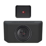 Front view of the subwoofer enclosure with a JBL speaker installed and a JBL amp placed on top, displayed on a plain background