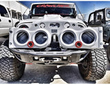 Grey JK/JKU American SoundBar empty enclosure, without speakers, hanging in front of a Jeep like a front grill.