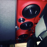 Red JK/JKU American SoundBar installed with speakers and a black mesh grill, designed for a perfect fit and enhanced Jeep audio experience.