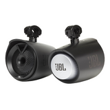 Two JBL MT8HLB 8-inch marine tower speakers with RGB LED lights on a white background, one angled to show the front and the other showing the rear for a complete view of the speakers