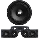 Front view of an ASB Audio speaker (top) and front view of the black JK/JKU American Soundbar with 4 mid-bass speakers installed (bottom), displayed on a white background, part of the ASB Audio Bundle. No Lights