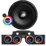 Front view of an ASB Audio speaker (top) and front view of the black JK/JKU American Soundbar with 4 mid-bass speakers installed (bottom), displayed on a white background, part of the ASB Audio Bundle With RGB Ring Lights