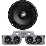 Front view of an ASB Audio speaker (top) and front view of the grey JK/JKU American Soundbar with 4 mid-bass speakers installed (bottom), displayed on a white background, part of the ASB Audio Bundle No Lights