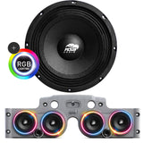 Front view of an ASB Audio speaker (top) and front view of the grey JK/JKU American Soundbar with 4 mid-bass speakers installed (bottom), displayed on a white background, part of the ASB Audio Bundle With RGB Ring Lights