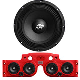 Front view of an ASB Audio speaker (top) and front view of the red JK/JKU American Soundbar with 4 mid-bass speakers installed (bottom), displayed on a white background, part of the ASB Audio Bundle. No lights