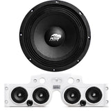 Front view of an ASB Audio speaker (top) and front view of the white JK/JKU American Soundbar with 4 mid-bass speakers installed (bottom), displayed on a white background, part of the ASB Audio Bundle. No Lights