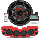 Close-up of KICKER marine speaker, KICKER RGB controller with 20 colors and 19 lighting modes, red soundbar with 4 speakers and black charcoal grilles, and KICKER KMA150.2 Marine 2-Channel amp, part of the JL/JLU/JT Jeep American Soundbar Kicker Kit.