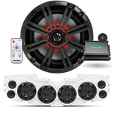 Close-up of KICKER marine speaker, KICKER RGB controller with 20 colors and 19 lighting modes, white soundbar with 4 speakers and black charcoal grilles, and KICKER KMA150.2 Marine 2-Channel amp, part of the JL/JLU/JT Jeep American Soundbar Kicker Kit.