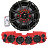 Close-up of KICKER speaker with RGB controller and installed red soundbar featuring 4 marine speakers with charcoal grilles, part of the JL/JLU/JT Jeep American Soundbar Kicker Kit.
